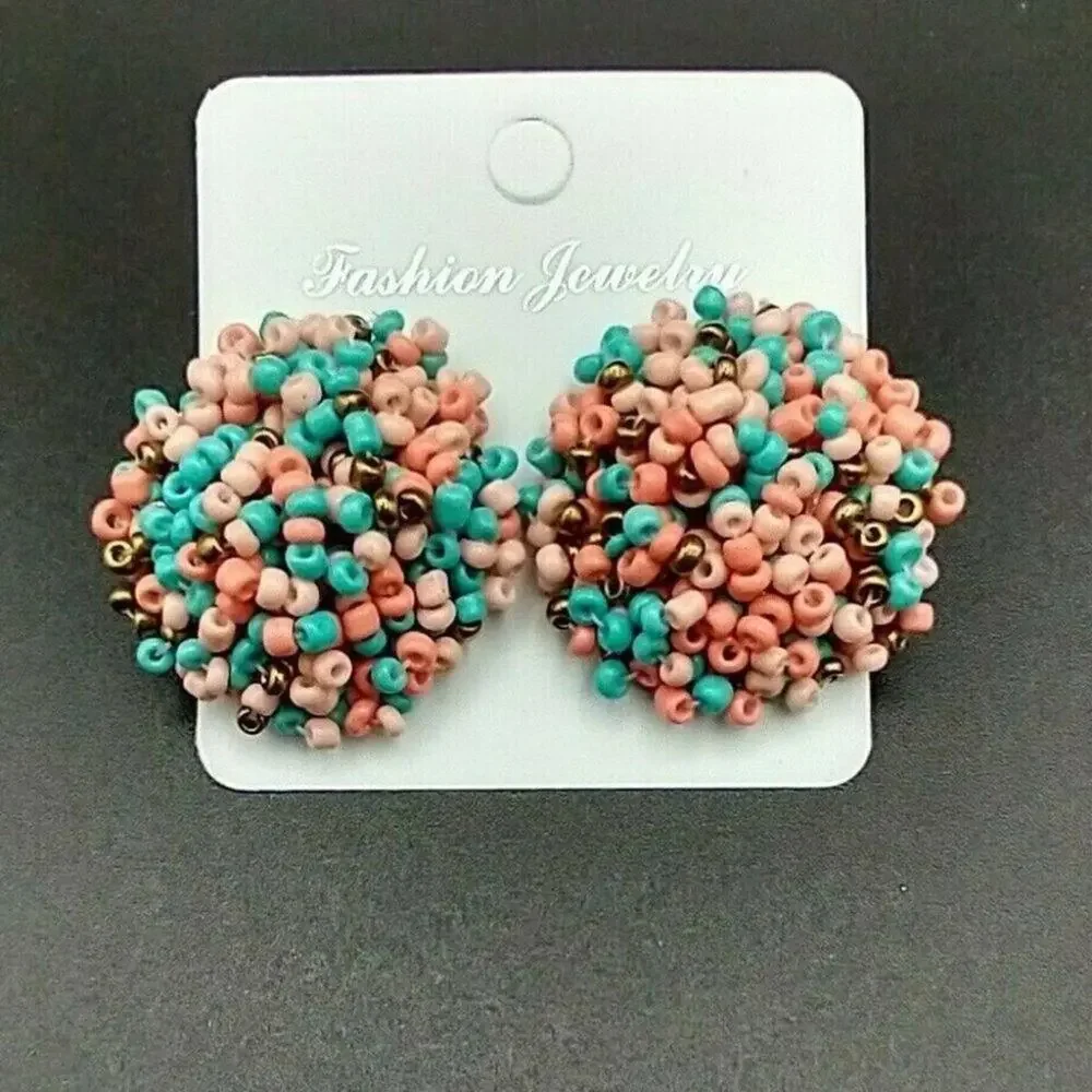 Boho Seed Bead Stud Earrings MultiPink Blue Bronze Fashion Jewelry + Gift Pouch